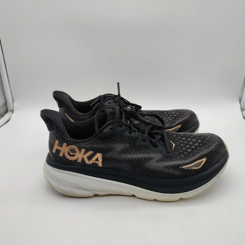 Hoka Clifton 9 Running Shoes Womens 8.5B Black Rose Gold Athletic Sneakers